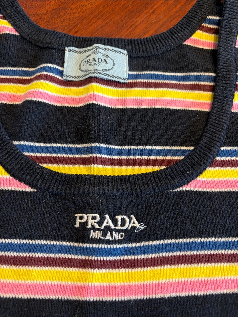 Prada Navy Striped Knit Tank with Pink, Yellow & White Bands - Picture 2 of 4